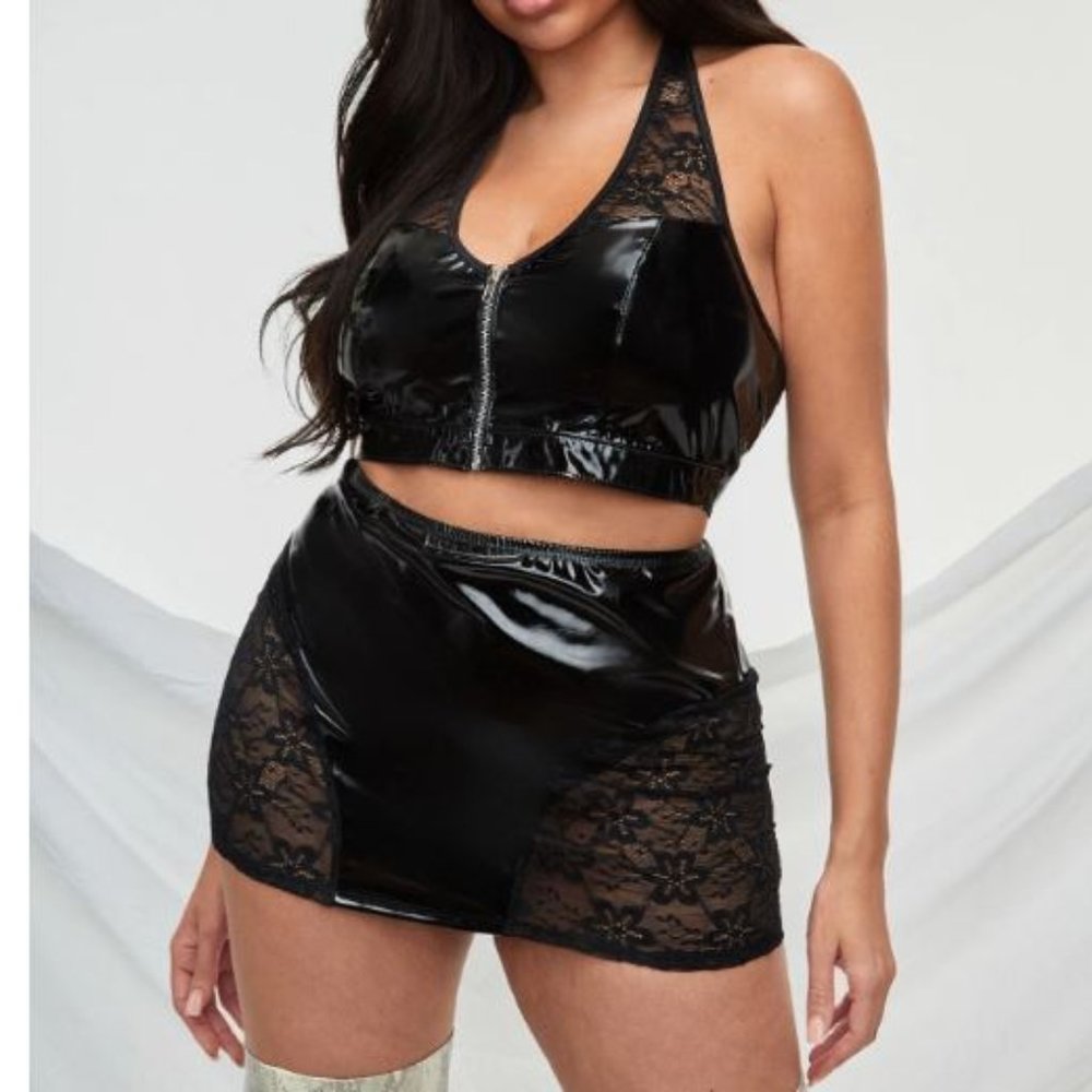 SHEIN Goth Plus PU Club Lace Halter skirt Set 1X